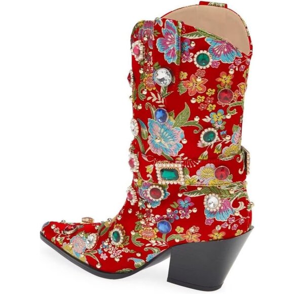 Western Flower Embroidered Cowgirl Boots Red Rhinestone Chunky Heel Women - Picture 3 of 7